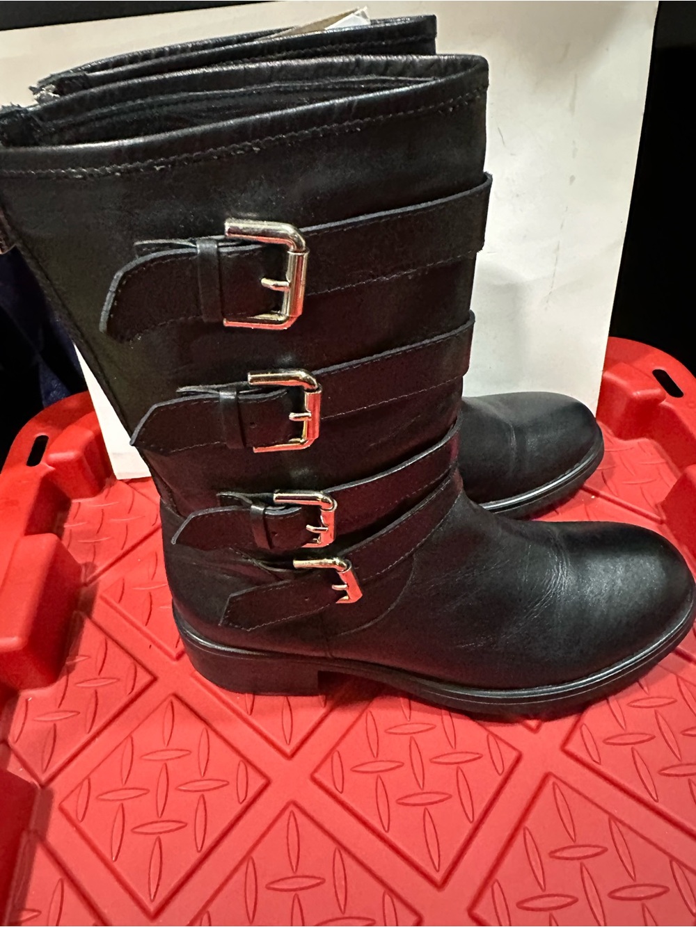 aquatalia boots 4 Buckle Moto Black Leather Round Toe Zip Back Size 9
